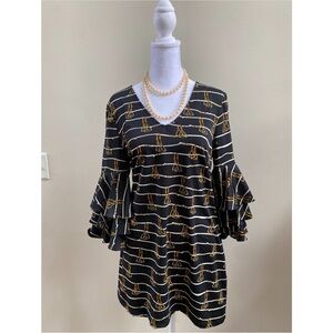 Julie Brown Black, White, & Gold Striped Equestrian Print Dress